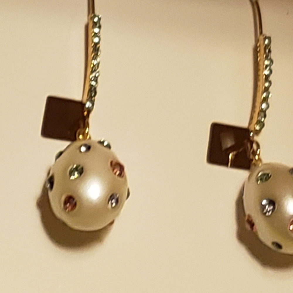Faux pearl earrings dotted with colored crystals w/box! - Picture 3 of 5